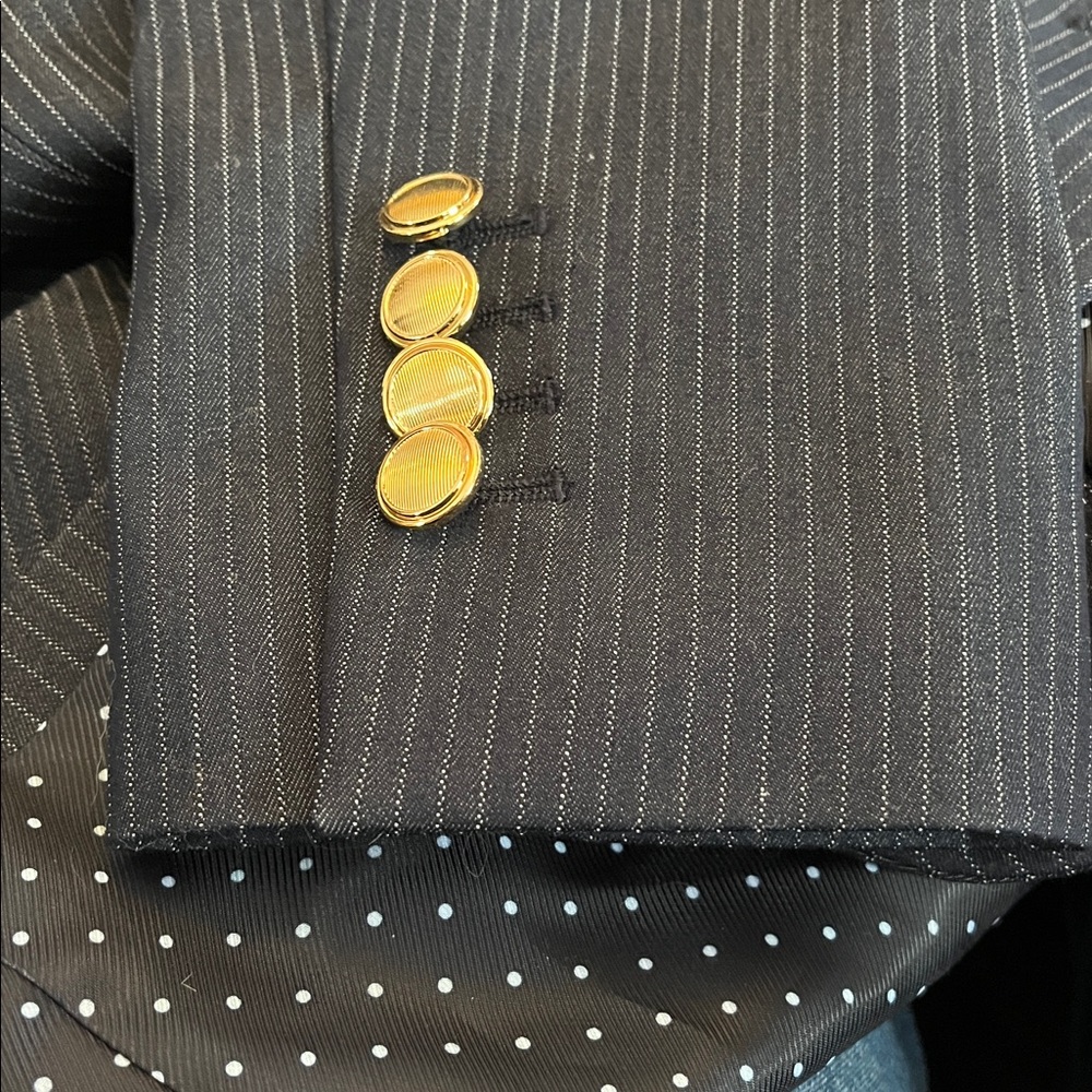Express Blue & White Fitted Pinstripe Blazer w/pouf shoulders gold button Size 6 - Picture 12 of 13